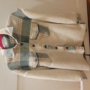 Women's off white and green plaid, fleece, button down sweater. Size S.
